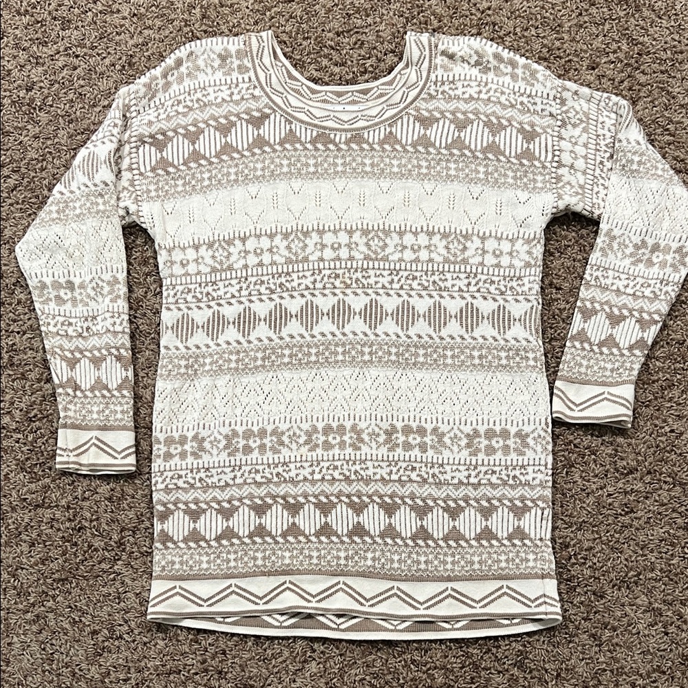 Vintage Patterned Beige and White Women's Long Sweater